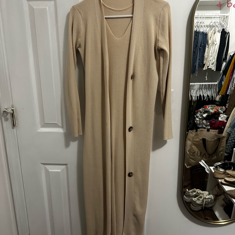 Cream Long Cardigan Dress Set